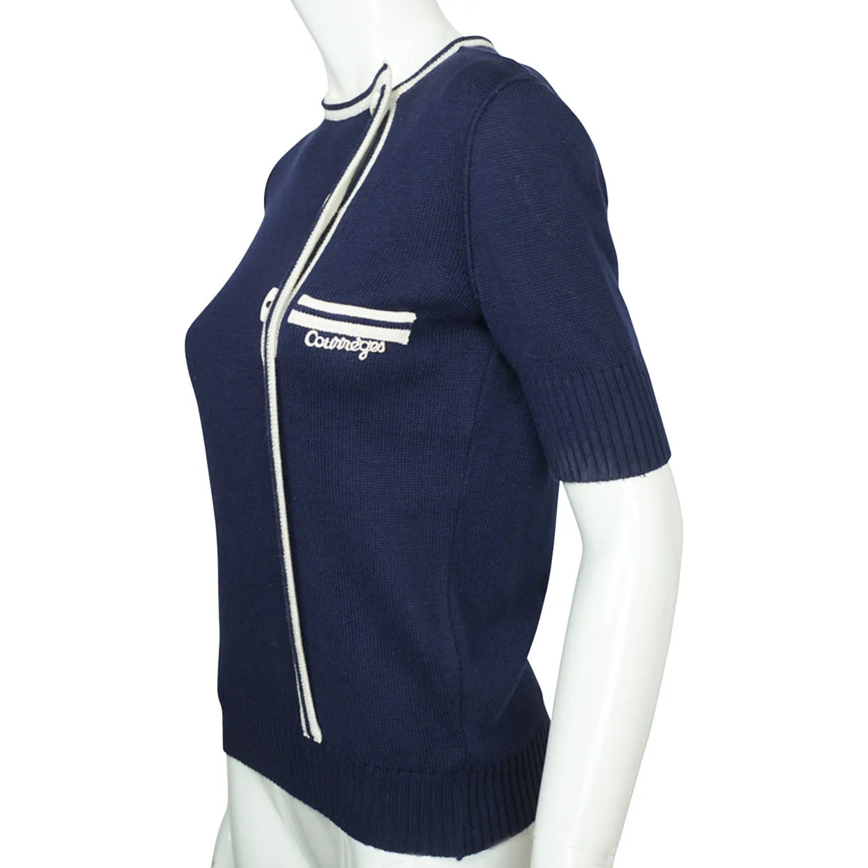 Vintage 1970s Courreges Paris Logo Sweater Top Blue Cotton Acrylic Blend Knit S