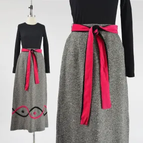 Vintage 70s Herringbone Wool A-line Maxi Skirt with Velvet Tie Belt Pink and Black size S