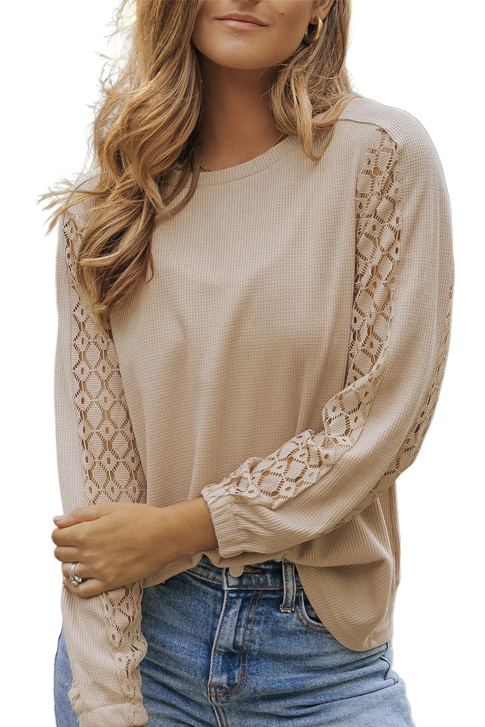 Waffle Patchwork Lace Sleeve Top