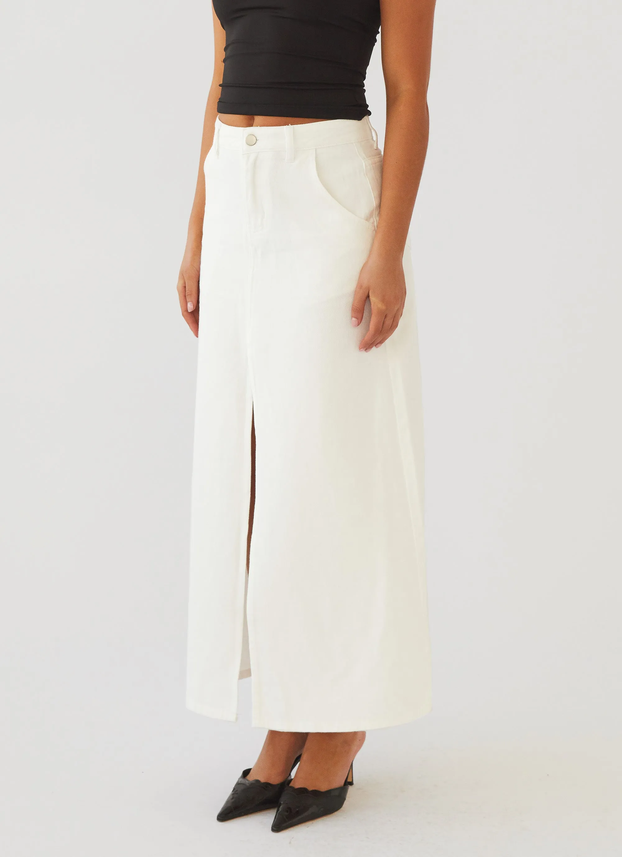 Walk This Way Denim Maxi Skirt - Bone