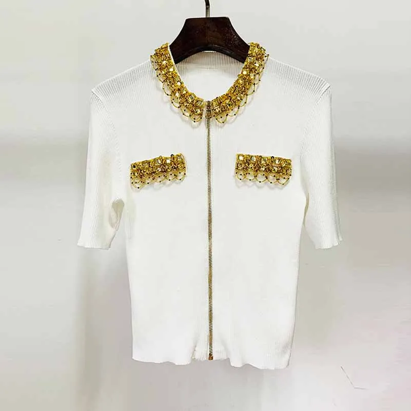 Women Gold Sequin Top Embellished Cardigan Short Sleeve Zipper Knit Shirt