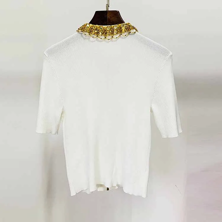 Women Gold Sequin Top Embellished Cardigan Short Sleeve Zipper Knit Shirt