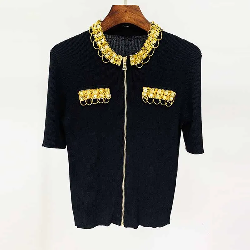 Women Gold Sequin Top Embellished Cardigan Short Sleeve Zipper Knit Shirt