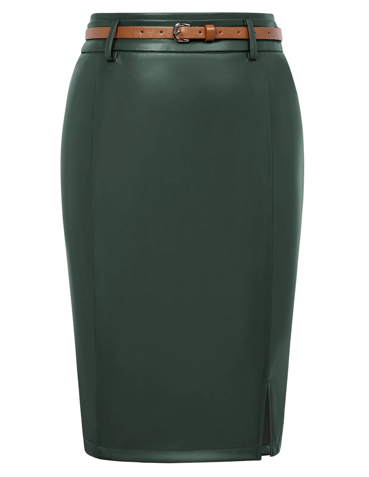 Women Polyurethane Leather Skirt with Belt High Waist Front Slit Pencil Skirt