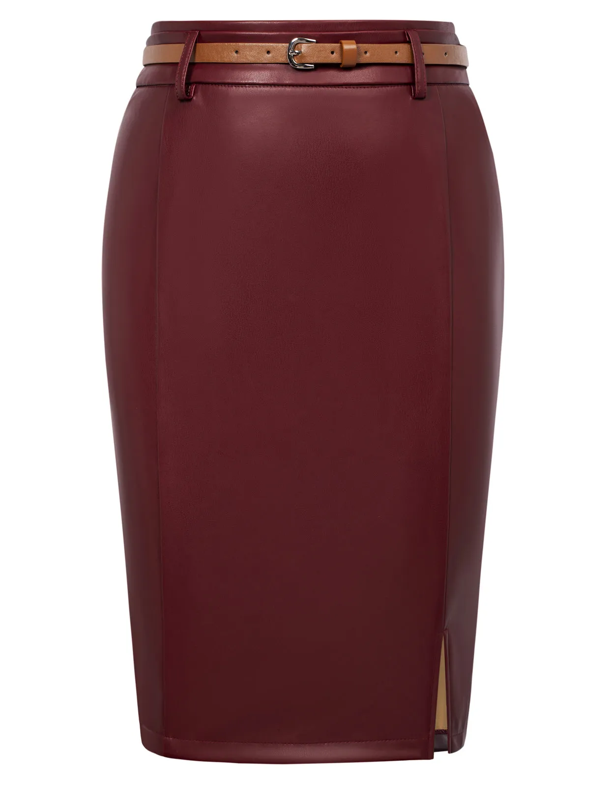 Women Polyurethane Leather Skirt with Belt High Waist Front Slit Pencil Skirt