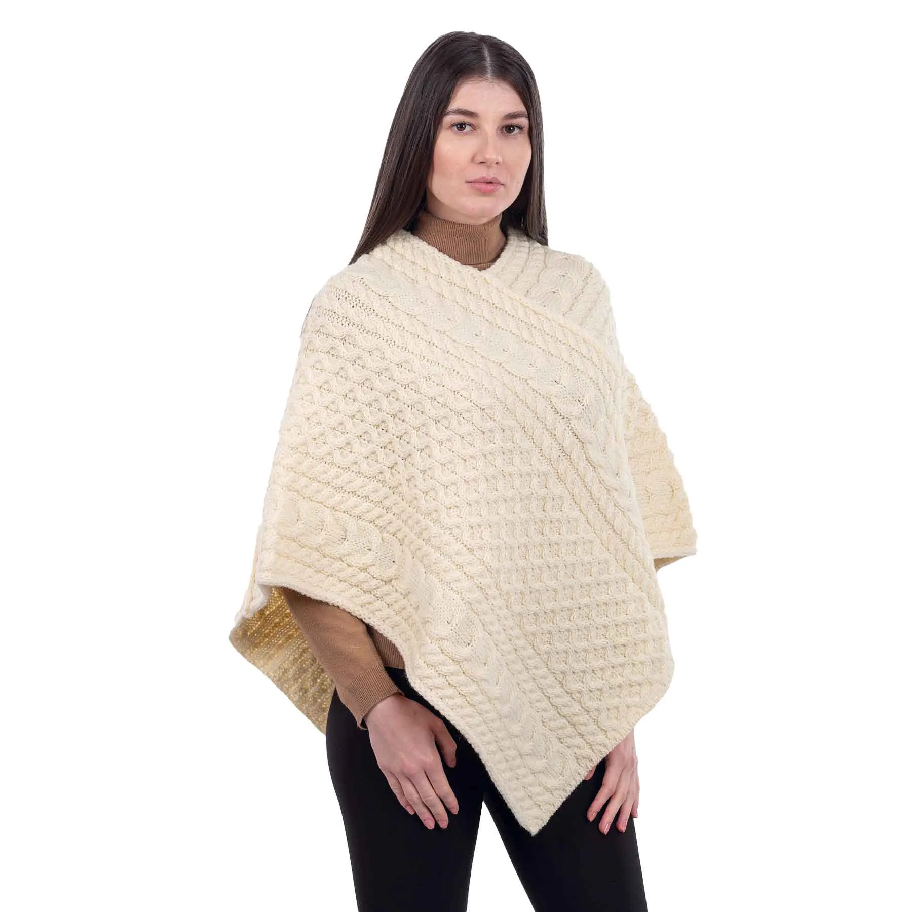 Women's Cable Knit Poncho, Natural