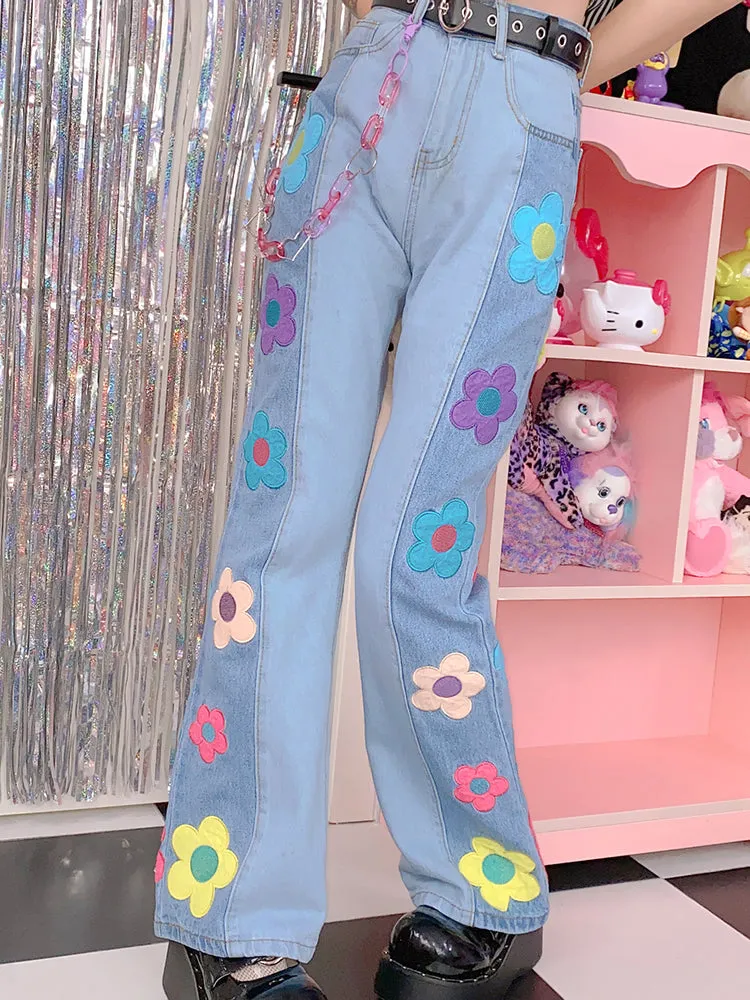 Y2K Hot Girls Flower Colorful Sweet Trendy Pants Denim Jeans