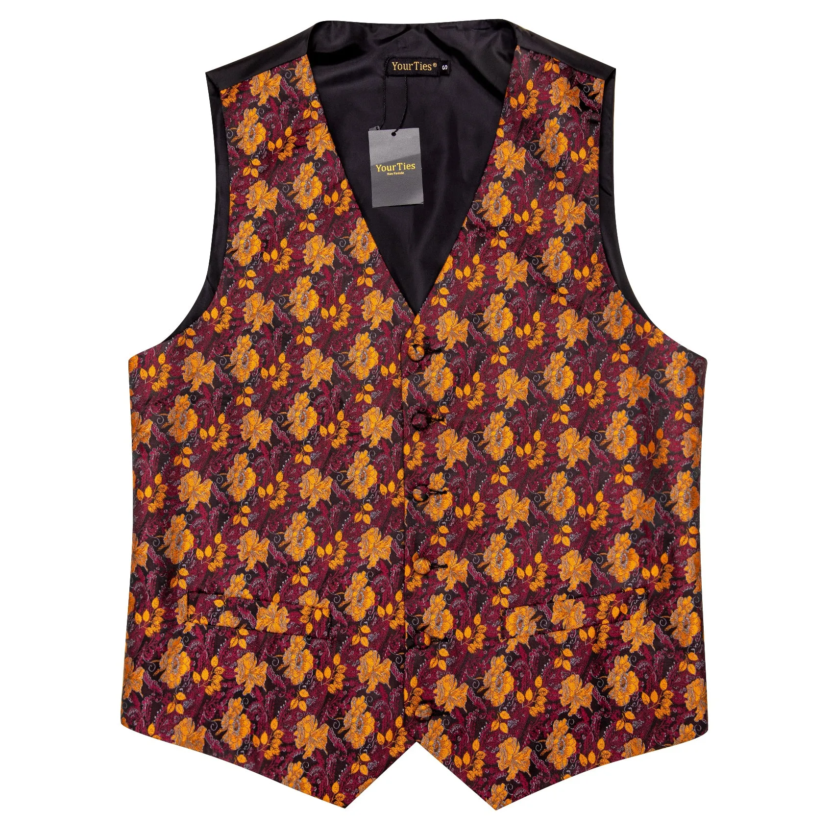 YourTies Burgundy Vest Orange Jacquard Floral Men's Waistcoat Tie Set